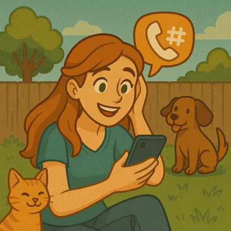 Mujer pelirroja sentada en la hierba en un jardín, sonriendo mientras mira su smartphone. Un gato naranja está acurrucado contra ella y un perro marrón está sentado cerca. Una burbuja de diálogo con un ícono de teléfono y un símbolo de numeral flota sobre ella, sugiriendo una conversación telefónica.