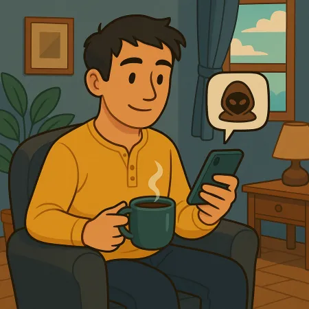 Hombre sentado cómodamente en un sillón, sosteniendo una taza de café humeante y consultando su smartphone, con un globo de mensaje mostrando un ícono de máscara anónima o hacker, en una sala acogedora con ventana, lámpara y planta.