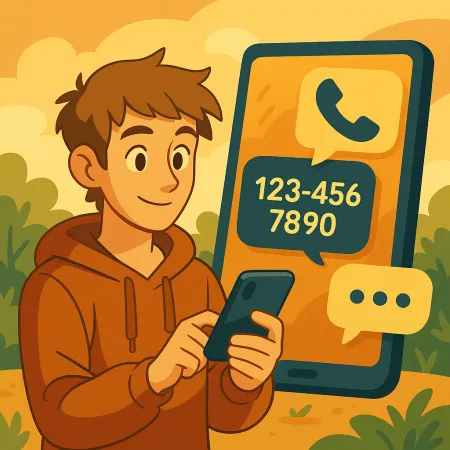 Joven sonriente con sudadera con capucha usando su smartphone, con una gran pantalla de teléfono en el fondo mostrando un ícono de llamada y un número de teléfono ficticio (123-456-7890), en un entorno exterior estilizado y cálido.