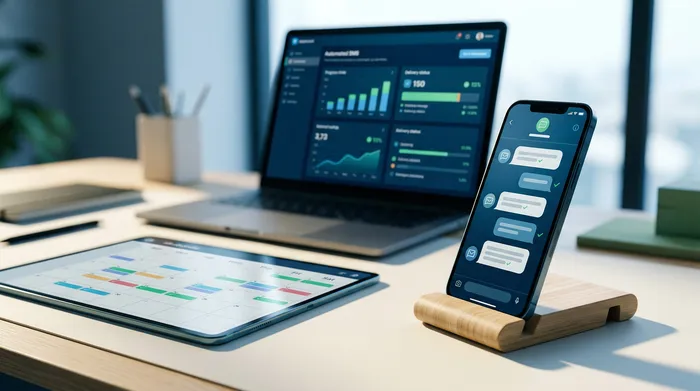 Una imagen dividida en dos partes que muestra un teléfono inteligente: a la izquierda, una interfaz de mensajería con una opción para programar el envío, y a la derecha, una notificación de recordatorio sobre un escritorio de madera.