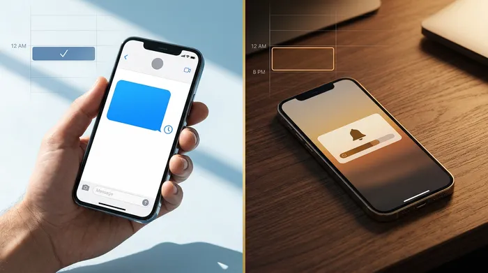 Un teléfono inteligente que muestra una aplicación de mensajería, colocado sobre el mostrador de madera clara de una estética, acompañado de tijeras profesionales y productos de belleza en el fondo.