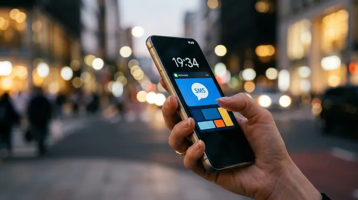 Una persona sosteniendo un teléfono inteligente que muestra una aplicación de mensajería, sentada en un escritorio con una laptop, una libreta y una taza de café.