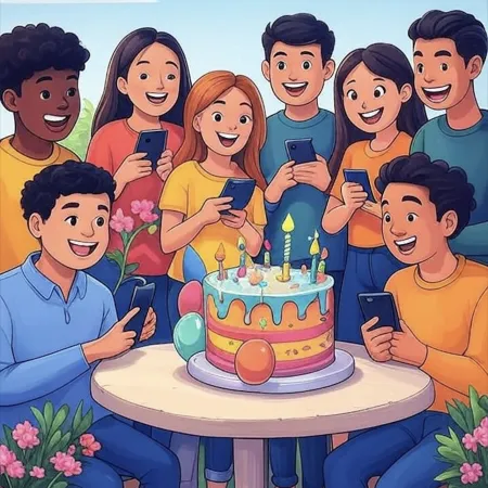 Grupo de jóvenes sonrientes rodeando un pastel de cumpleaños colorido con velas, globos y decoraciones, mientras sostienen sus teléfonos.