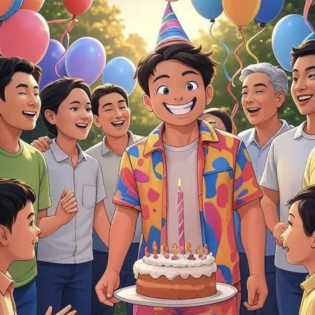 Niño sonriente con sombrero de fiesta sosteniendo un pastel con una vela única, rodeado de invitados y globos coloridos al aire libre.